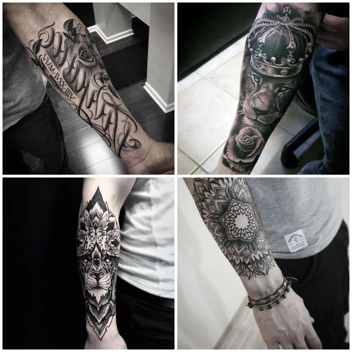 side by side photos, forearm sleeve tattoo, lion with a crown, mandala tattoos