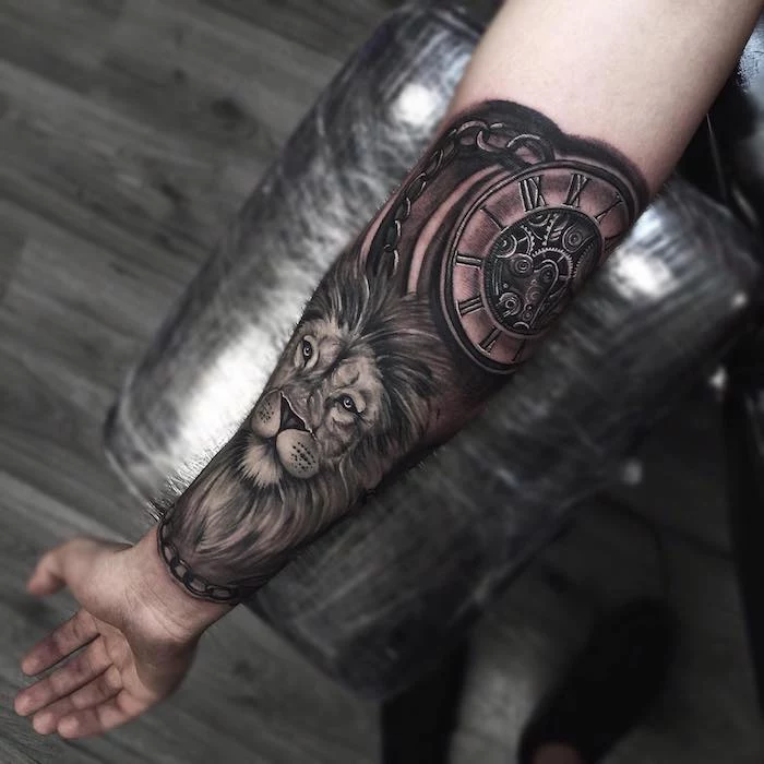 large lion head, watch with roman numerals, forearm tattoos, wooden floor