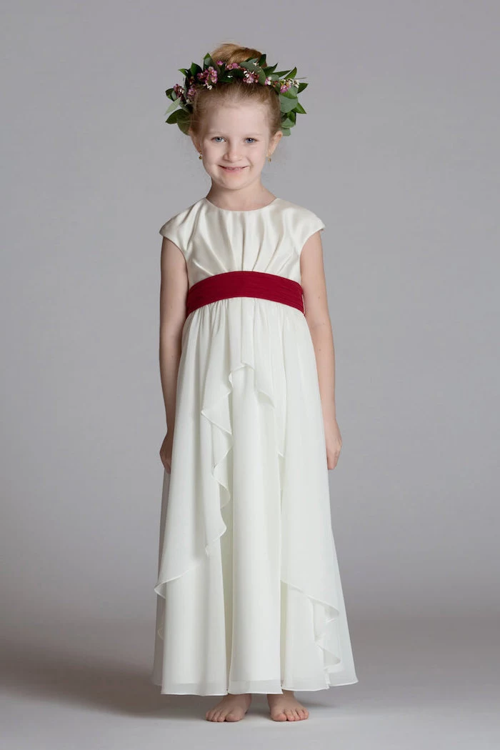 white dress, red ribbon, flower crown, blonde hair, low updo, ivory flower girl dresses