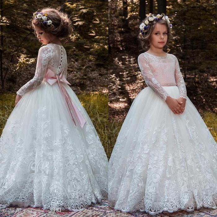 side by side photos, white lace dress, pink bow, flower crown, ivory flower girl dresses, brown hair, low updo