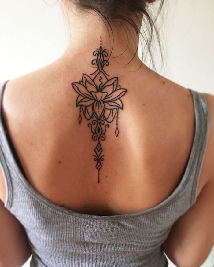 lotus flower, mandala back tattoo, feminine tattoos, grey top