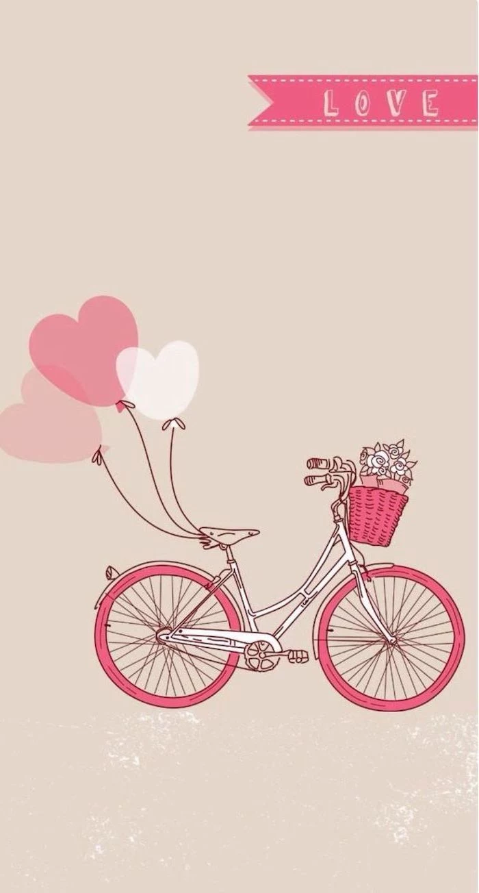 pink bicycle, heart balloons, pink iphone wallpaper, flower basket