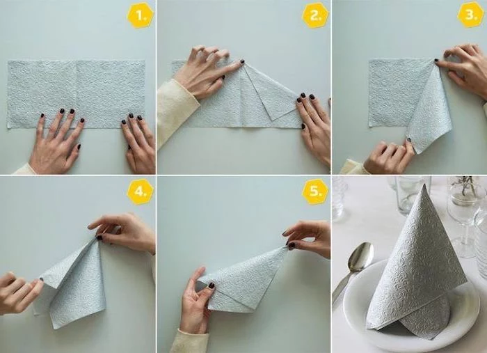 napkin folding with rings, step by step, diy tutorial, grey napkin, on a white plate