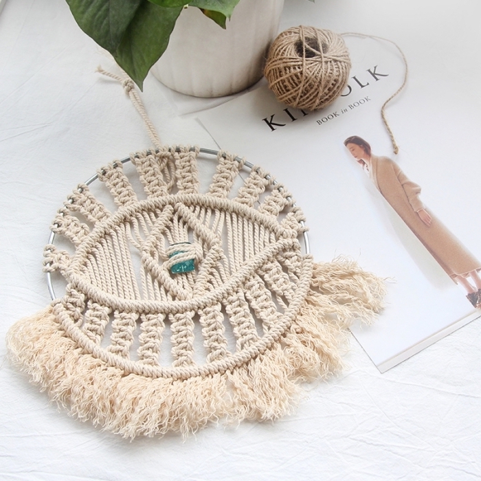 how to do macrame, potted plant, white ceramic pot, eye shaped decoration, fashion magazine