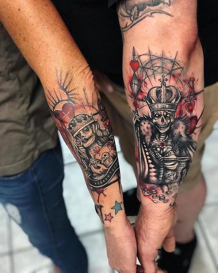 skeleton king and queen, husband and wife tattoos, arm coloured tattoos
