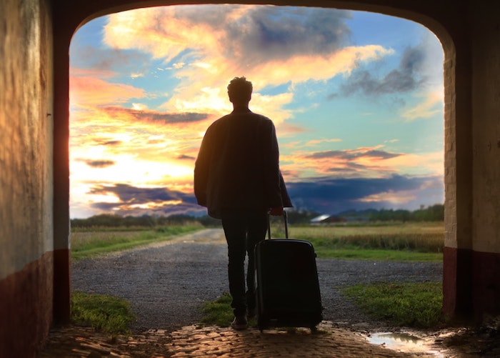 man rolling a suitcase, down a road, desktop wallpaper tumblr, green grass field, paved road