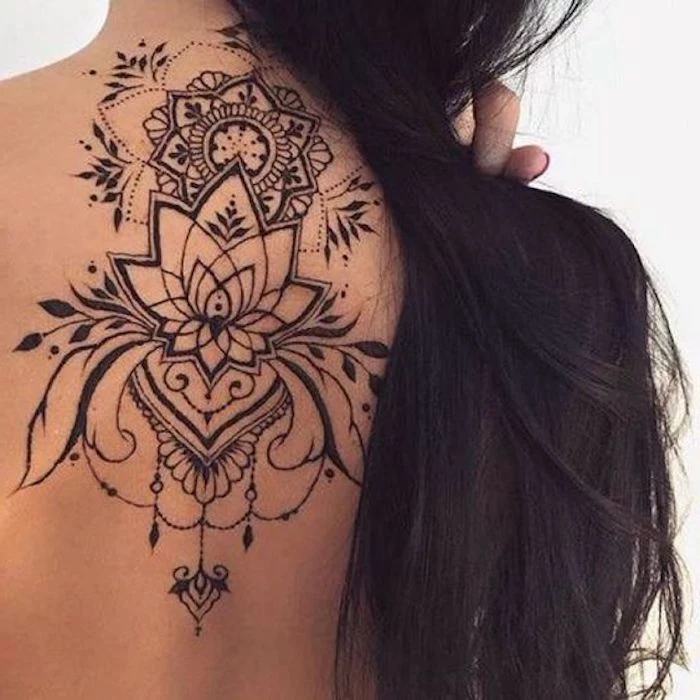 black hair, mandala flower back tattoo, girl chest tattoos, white background