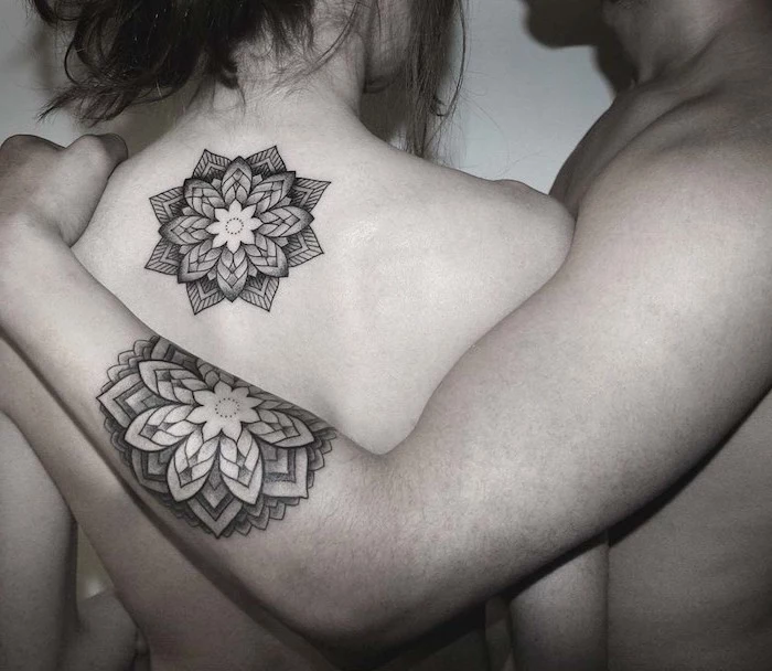 mandala flower, back and arm tattoos, husband and wife tattoos
