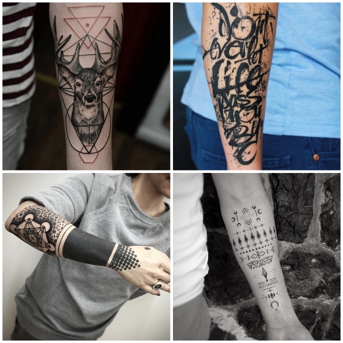 forearm tattoo ideas, geometrical and mandala tattoos, side by side photos