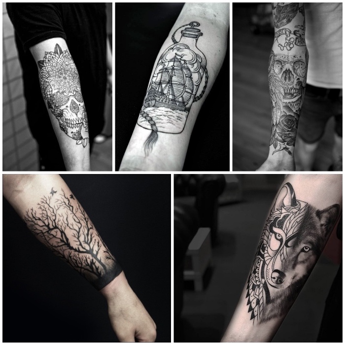 mandala skulls, sailing ship, geometrical wolf, side by side photos, forearm tattoo ideas