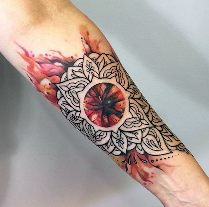 watercolour forearm tattoo, small tattoos for men, mandala tattoo, white background