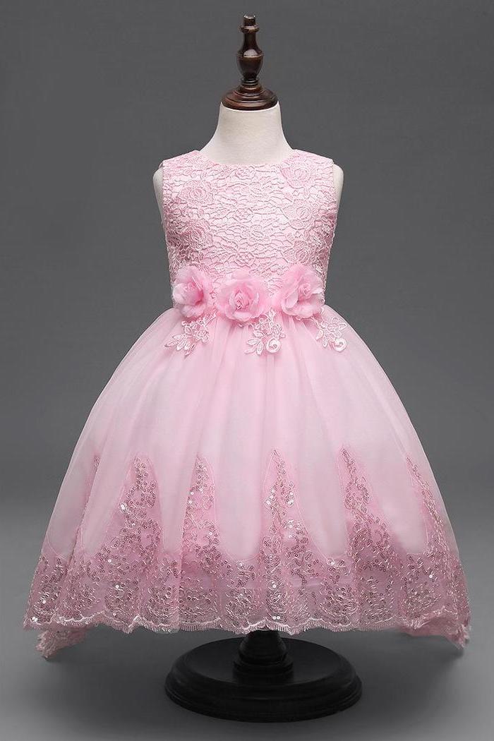 pink lace and tulle dress, on a mannequin, lace flower girl dresses, grey background