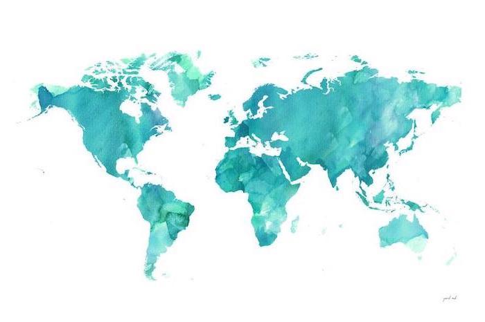 turquoise map of the world, on a white background, cool backgrounds for girls