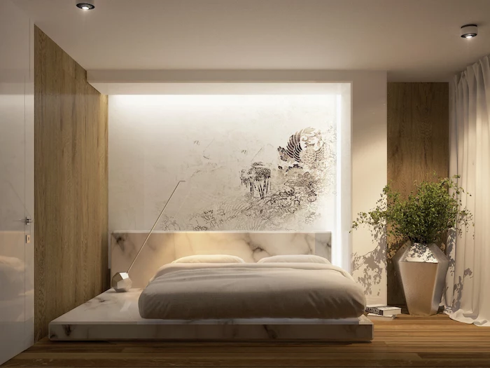 marble bed, wooden walls, abstract wall art, wooden floor, master bedroom decor
