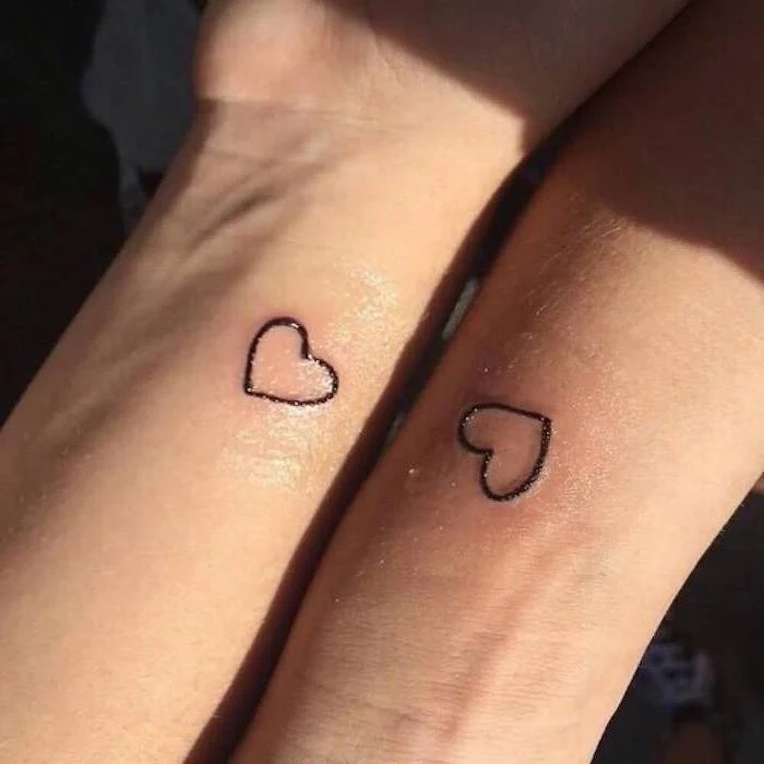 small hearts, wrist tattoos, husband and wife tattoos