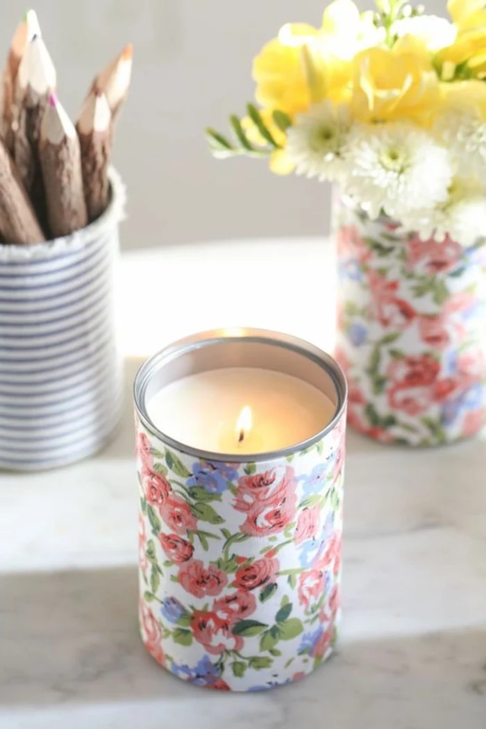 decoupage tin cans, filled with wax candles, mason jar candles, flower bouquets, wooden pencils
