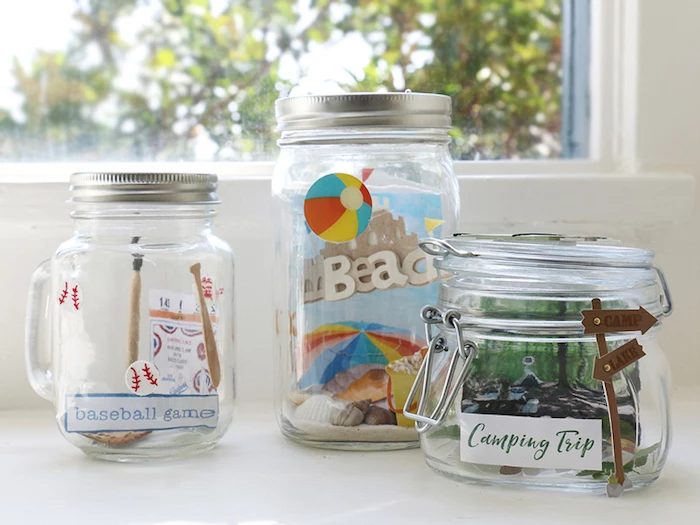 memories in mason jars, hands on activities, baseball game, camping trip, day on the beach