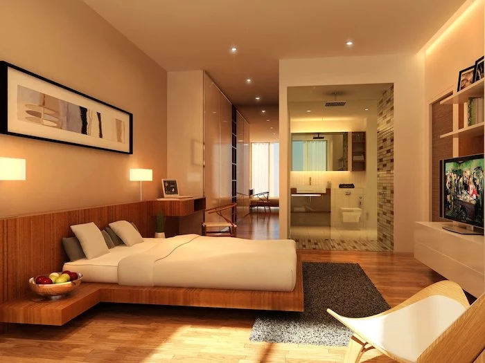 wooden floating bed frame, master bedrooms, wooden floor, grey rug, beige walls