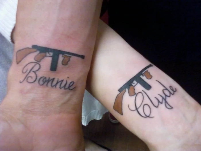bonnie and clyde, automatic weapons, unique couple tattoos, wrist tattoos