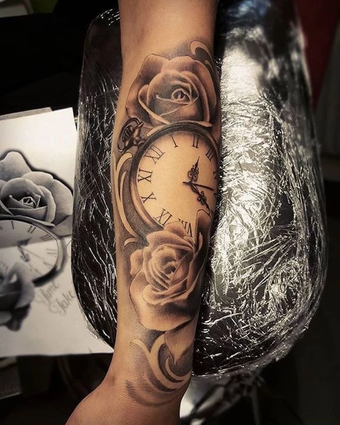 roses and stopwatch, roman numerals, meaningful tattoos, black arm rest