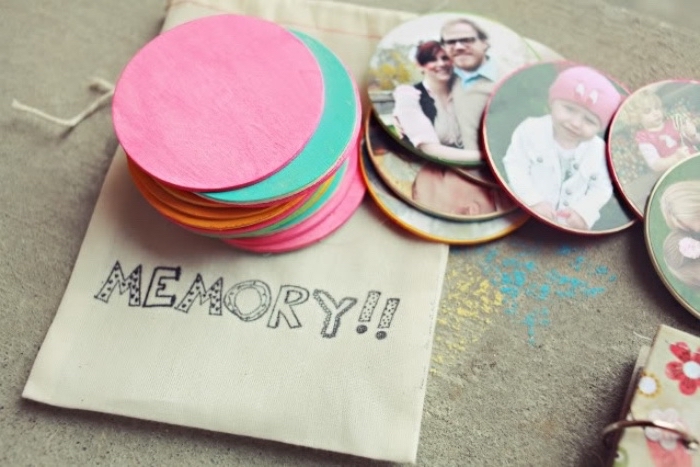 photo coasters, made of wood, memory bag, hands on activities