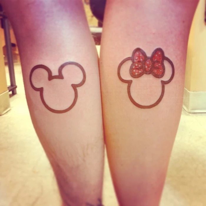 mickey and minnie, boyfriend and girlfriend tattoos, back of leg tattoos, disney inspired
