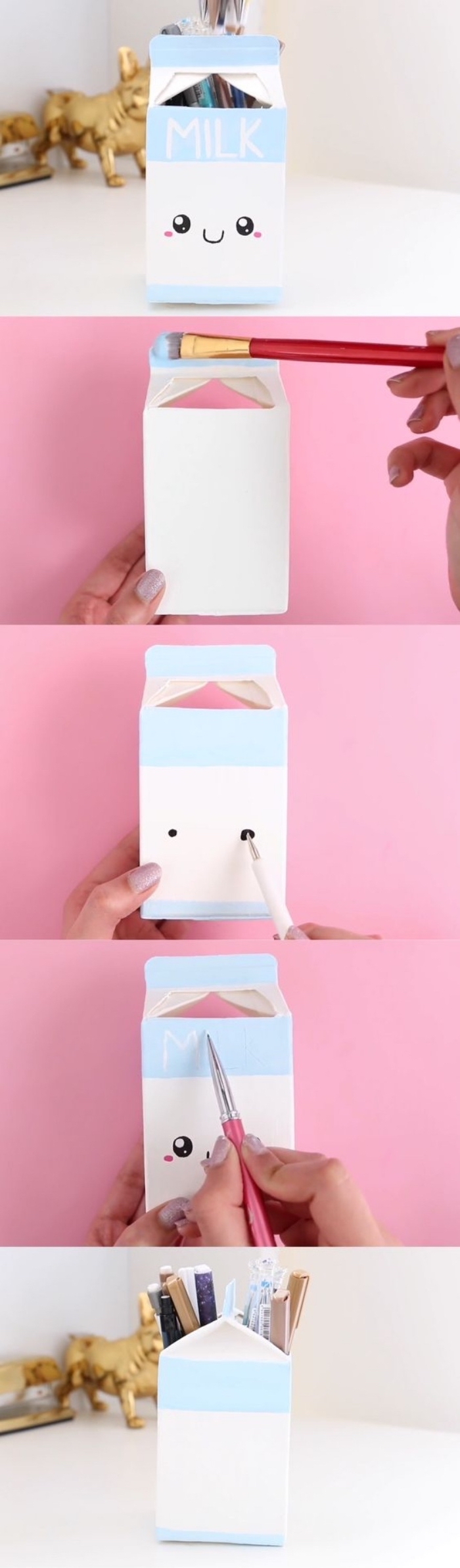 milk carton, turned into a pencil holder, hands on activities, step by step, diy tutorial