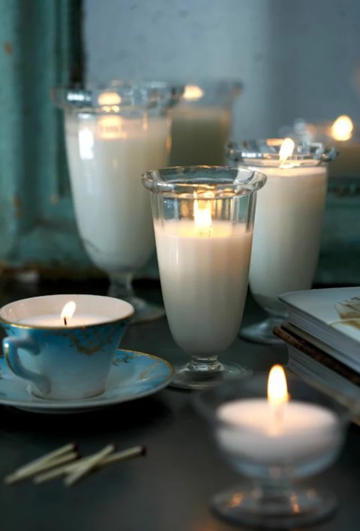 how to make candle wax, milkshake glasses, filled with candle wax, blue vintage tea cup