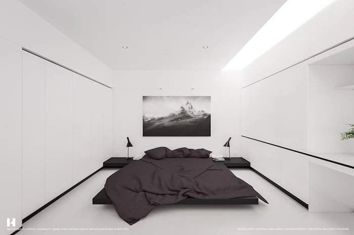 purple bed linen, minimalist style, how to decorate a bedroom, white walls, black floating bed frame