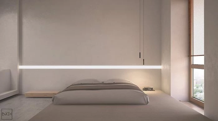 grey walls, led lights, grey wooden bed frame, wooden shelf, over the bed decor