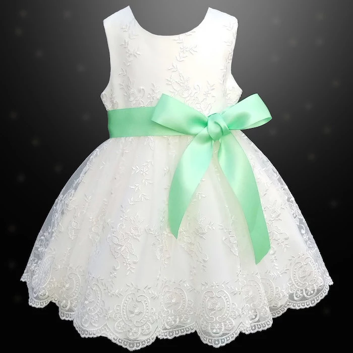 white lace dress, mint green bow, lace flower girl dresses, black background