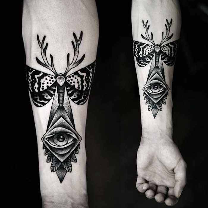 large moth, eye underneath, forearm tattoo ideas side by side photos, black background