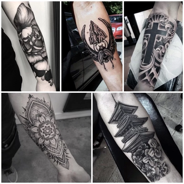 tattoo ideas for guys, side by side photos, floral and mandala, japanese inspired