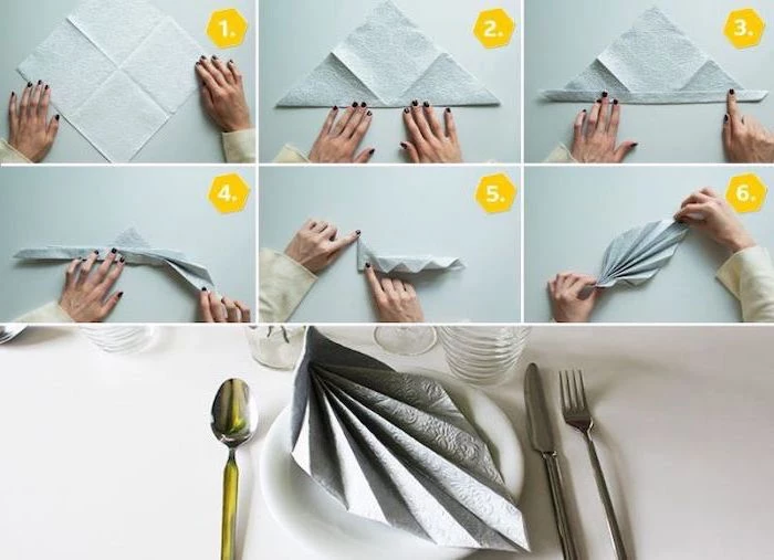 fan shaped, grey napkin, how to fold cloth napkins, diy tutorial, step by step