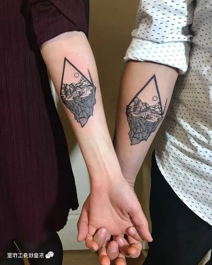 nature landscape, geometrical forearm tattoo, husband and wife tattoos, holiding hands
