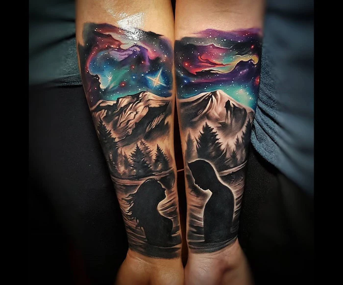 nature landscape, man and woman, starry sky, boyfriend and girlfriend tattoos, forearm tattoos