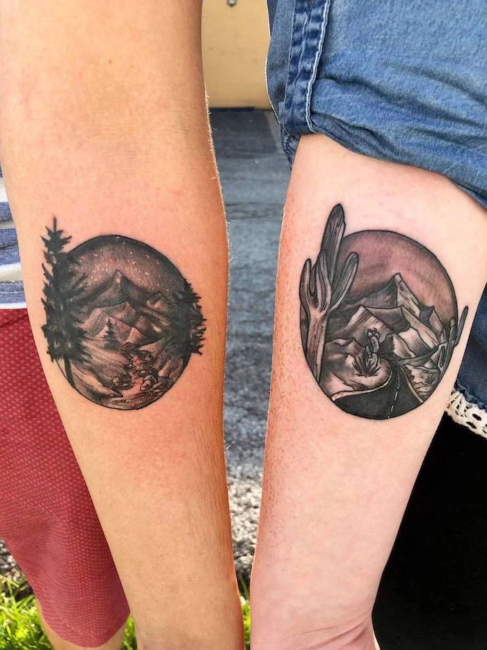 boyfriend and girlfriend tattoos, nature landscape, back of arm tattoos