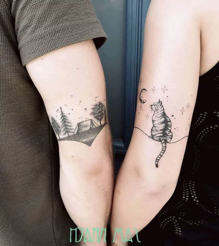 nature landscape, sitting cat, back of arm tattoos, boyfriend and girlfriend tattoos