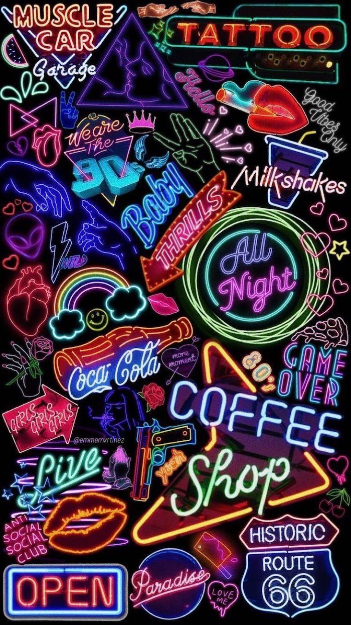 90s inspired, neon signs, on a black background, cute wallpapers