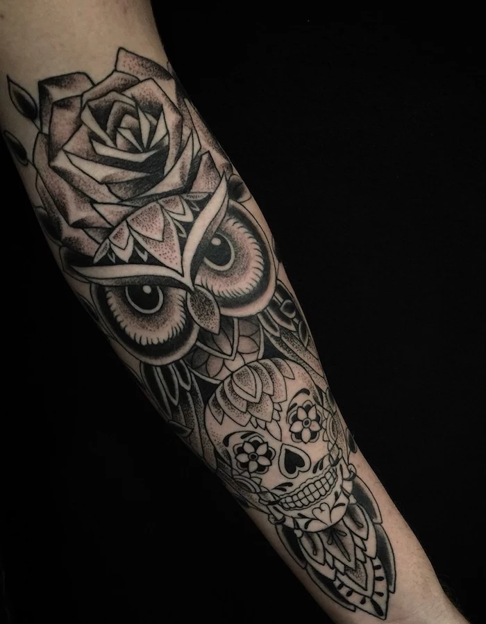 owl and rose, mandala skull underneath, tattoo ideas for guys, black background