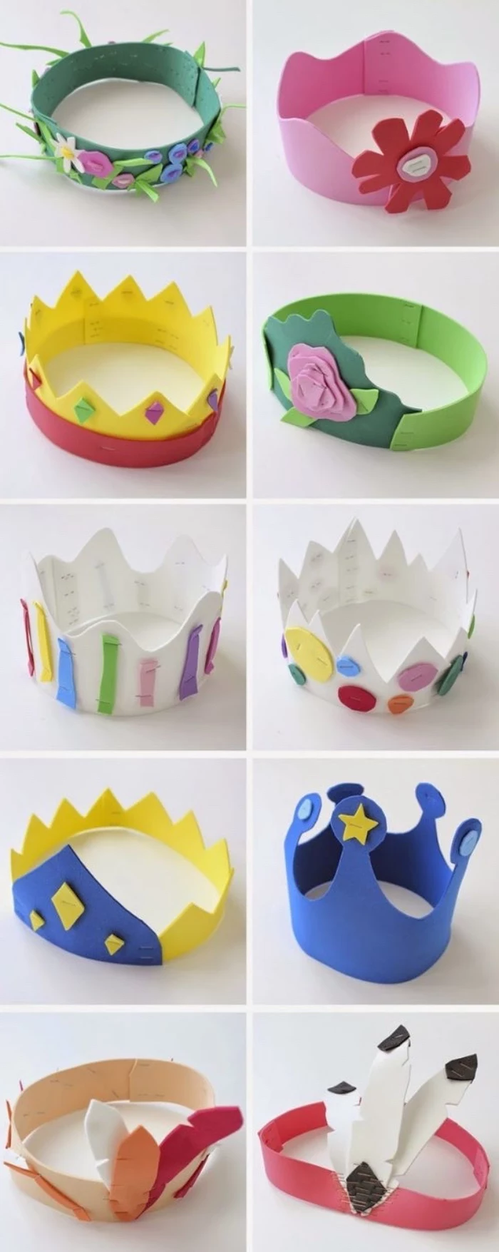 activities for 4 year olds, side by side photos, of different paper crown, for boys and girls