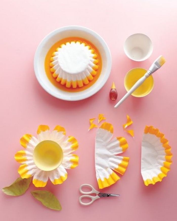 paper cupcake holders, painted yellow, activities for 4 year olds, paper sunflowers
