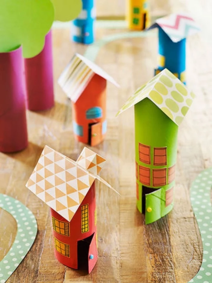 green and orange houses, made of cylindric paper, colourful paper roofs, pre k learning games