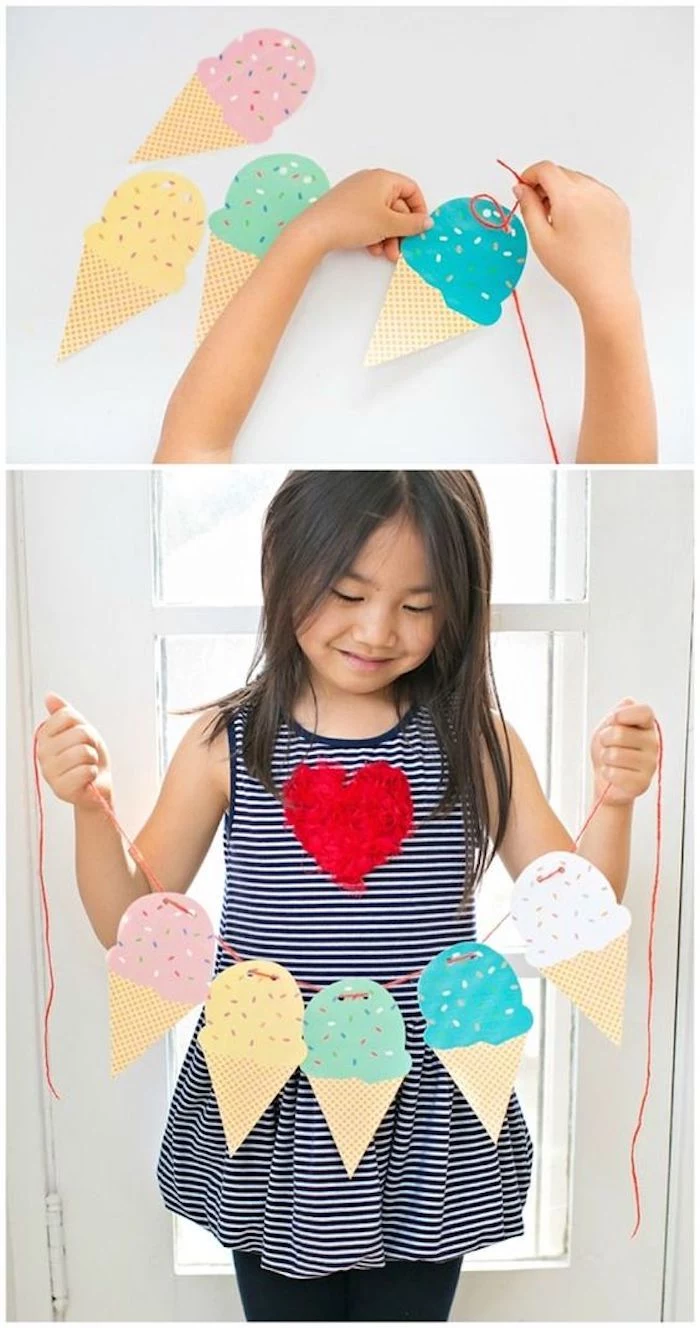 paper ice cream cones, indoor group games for kids, girl holding them, on a piece of strand