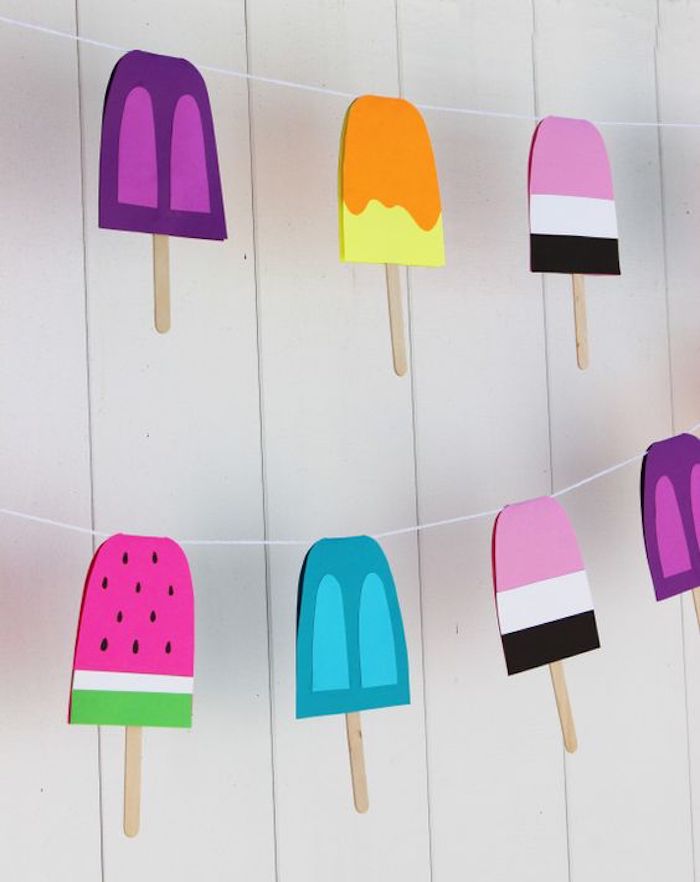 ice cream, made of paper, hanging on white strands, kindergarten classroom games