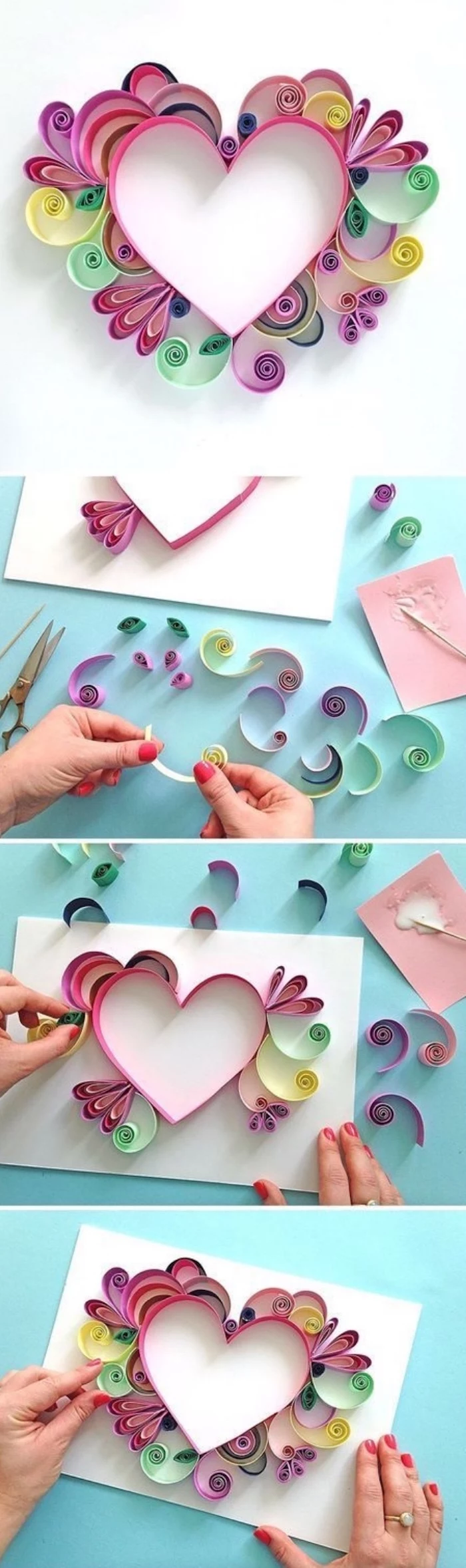 kindergarten classroom games, paper quilling, heart made of paper, on white paper, diy tutorial