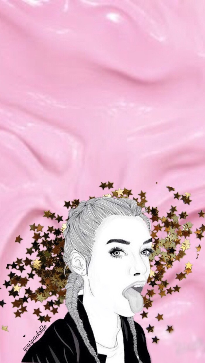 pink background tumblr, gold stars, girl drawing, sticking her tongue out