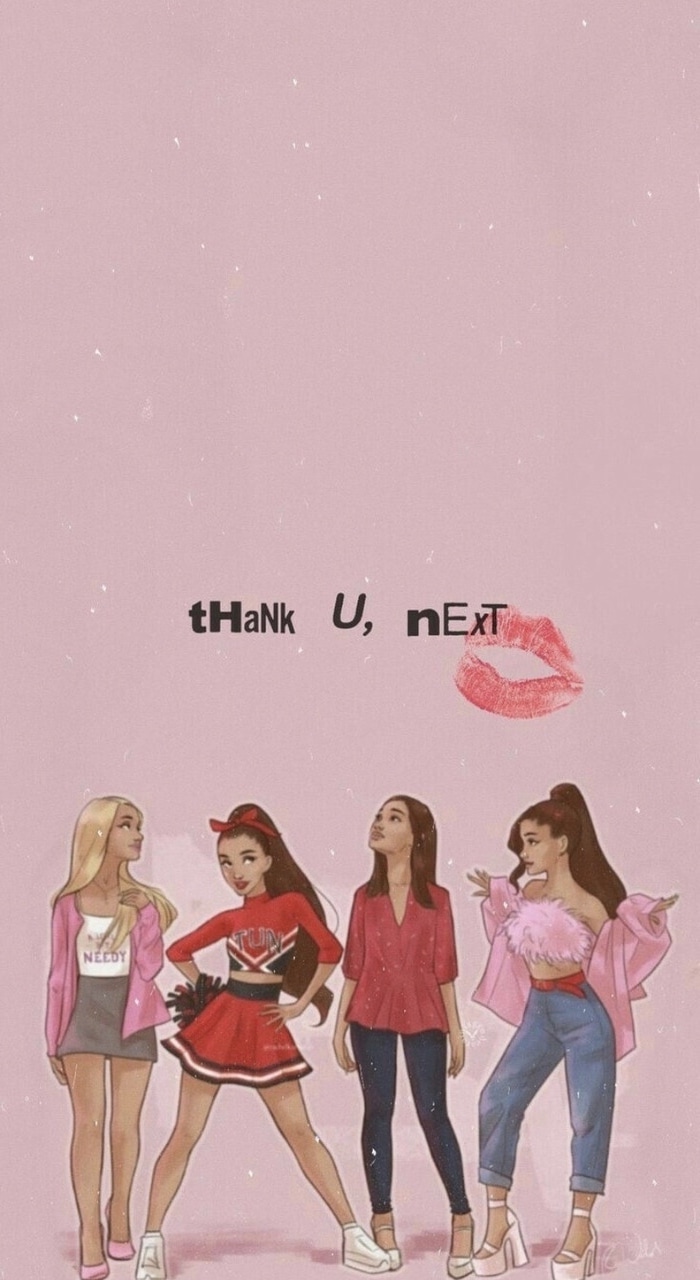 thank u next, ariana grande song, characters from the video, girly iphone wallpaper, pink background