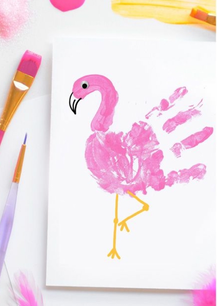 pink flamingo, made with a handprint, language activities for preschoolers, white paper