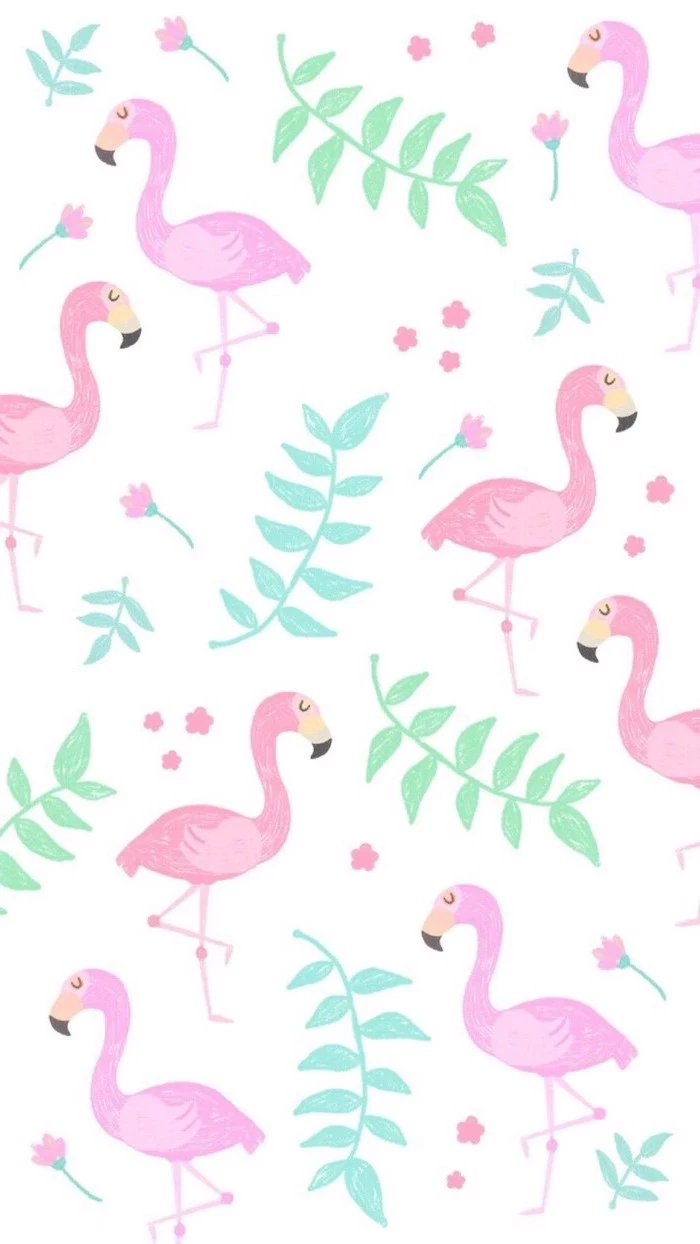 pink flamingos, girly iphone wallpaper, flowers on a white background